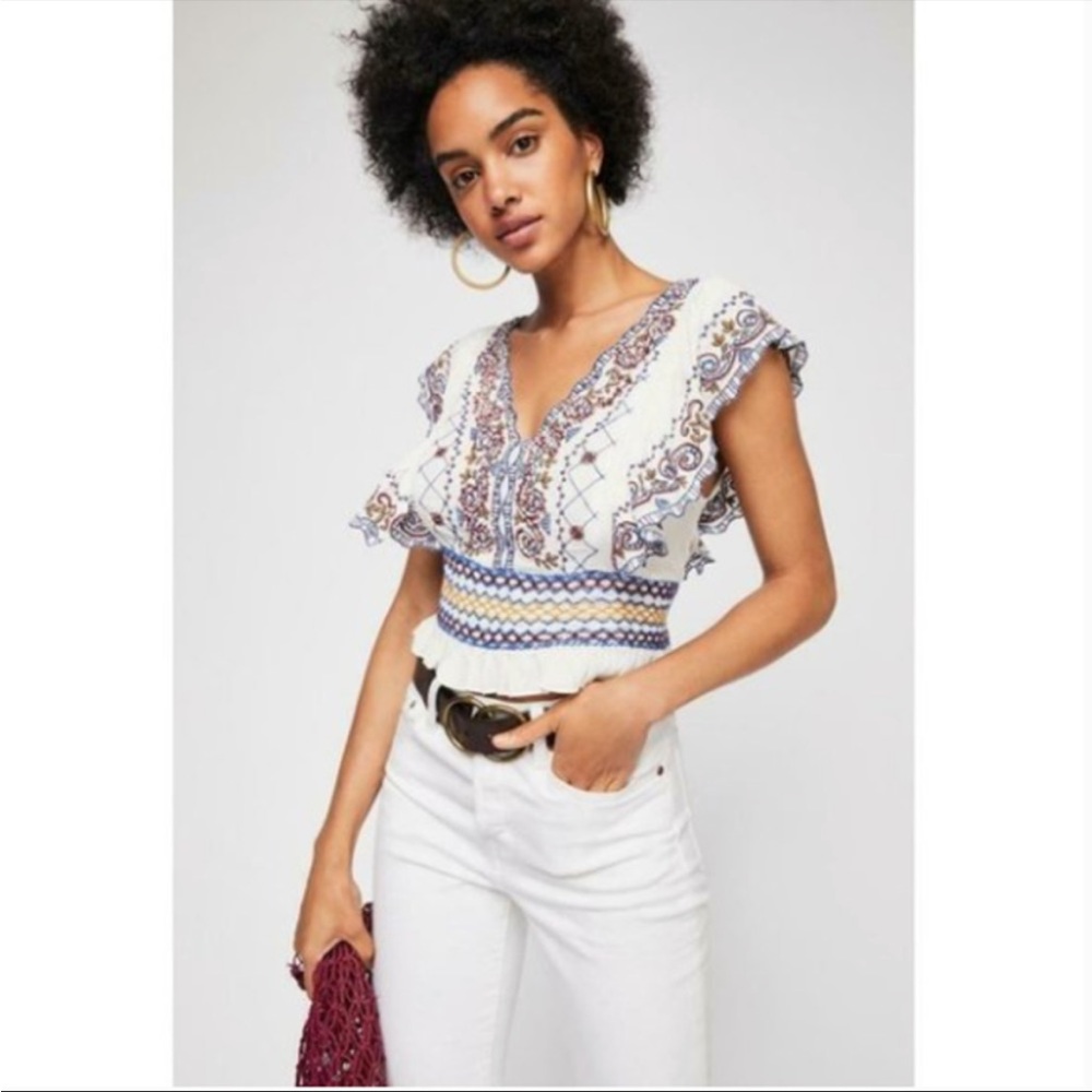 Free People embroidered and beaded top